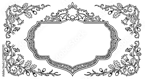 Gothic frame design with skull and bat wings for halloween invitations.