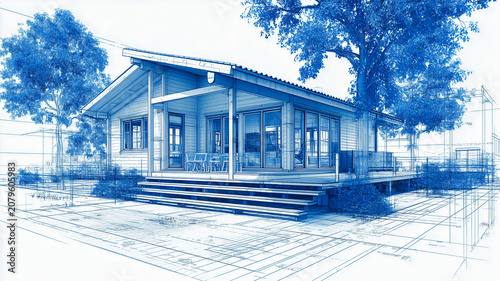 Blue blueprint architectural drawing of a modern residential house with trees. Concept of architecture planning, real estate development and house design project.