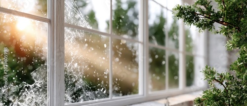 A close-up view of a dusty window in a damaged apartment, with sunlight streaming through the cracked glass and illuminating the room