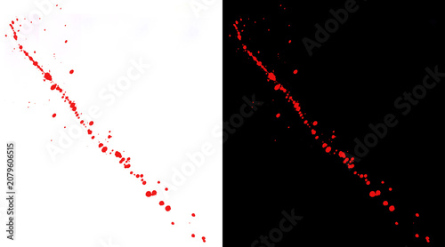 Canvas Print Red blood splatter trail on white and black backgrounds, realistic liquid spray