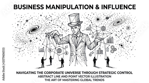 Photos A suited man in a top hat manipulates strings controlling business and industry