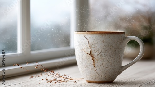 A cracked ceramic mug sits on a kitchen table with soft morning light falling on its surface, representing the end of normalcy