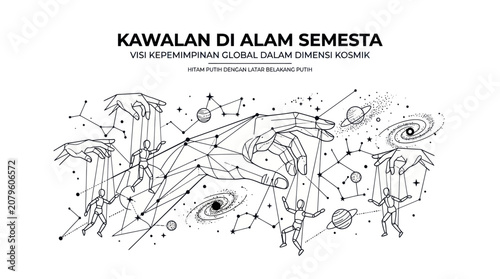 Photos The illustration depicts people exploring galaxy with planets and stars