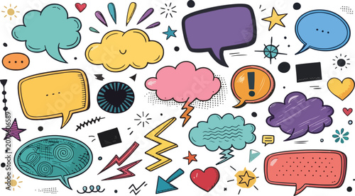 Colorful Speech Bubble Vector Set with Hand Drawn Doodles Social Media Elements