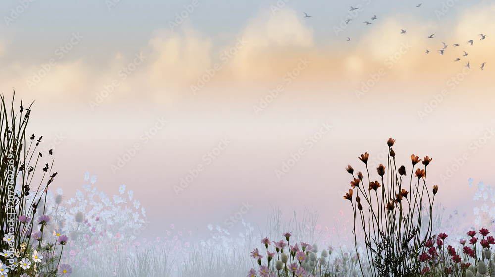 Fototapeta premium Wildflowers in Misty Dawn Light
