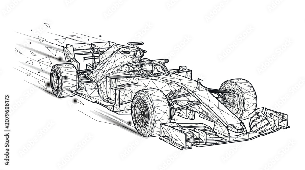 Obraz premium A speeding racing car zooms on a track with wheels and motion lines.
