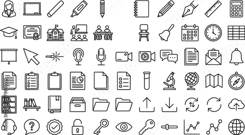 Cuadro en lienzo Set of education and school line icons, including academic supplies, classroom t