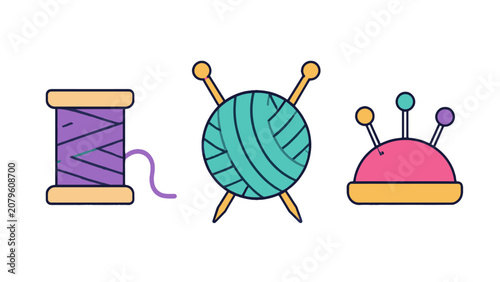 Photos Sewing and knitting craft icons with thread yarn and pincushion