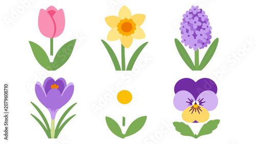 Set of spring flower icons in flat vector style