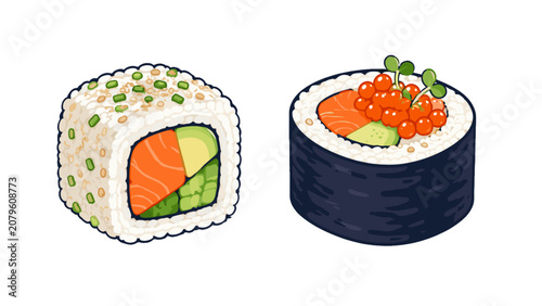Photos Vector sushi roll icons with salmon avocado and roe