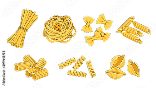 Bild auf Leinwand Hand drawn pasta varieties set with spaghetti penne and farfalle