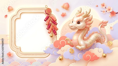 Chinese Lunar New Year zodiac animal pastel 3D illustration with festive oriental decorations and elegant copy space