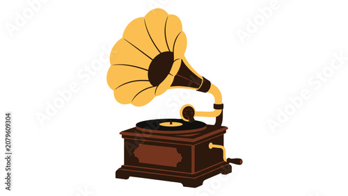 Photography Vintage gramophone with large horn flat vector illustration