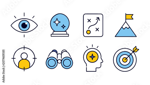 Fotografie Vision and strategy line icon set with target and foresight