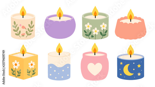 Set of decorative burning candles in flat vector style