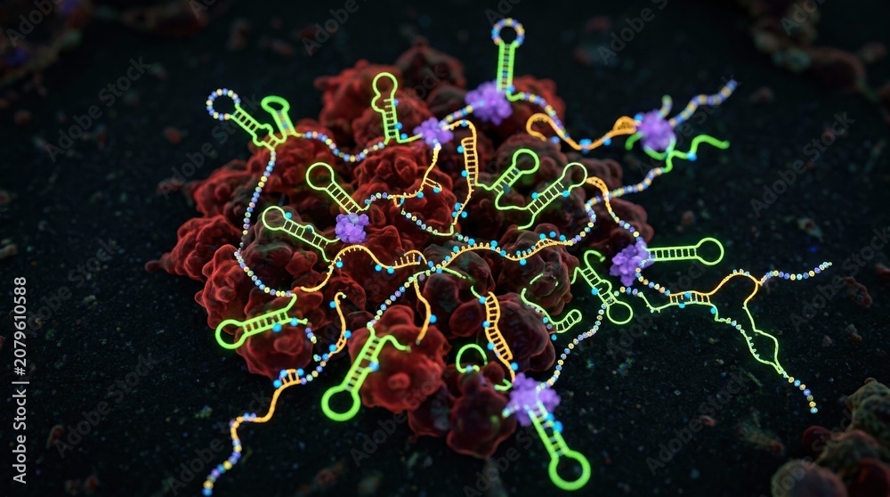Fototapeta premium Fluorescent RNA hairpin loops and small open reading frame strands weave through a red cancer cell cluster, with ribosome particles, nucleotide beads, and protein-binding nodes forming a regulatory