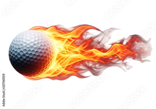 Dynamic fiery golf ball ignites the fairway with intense flames mid-flight