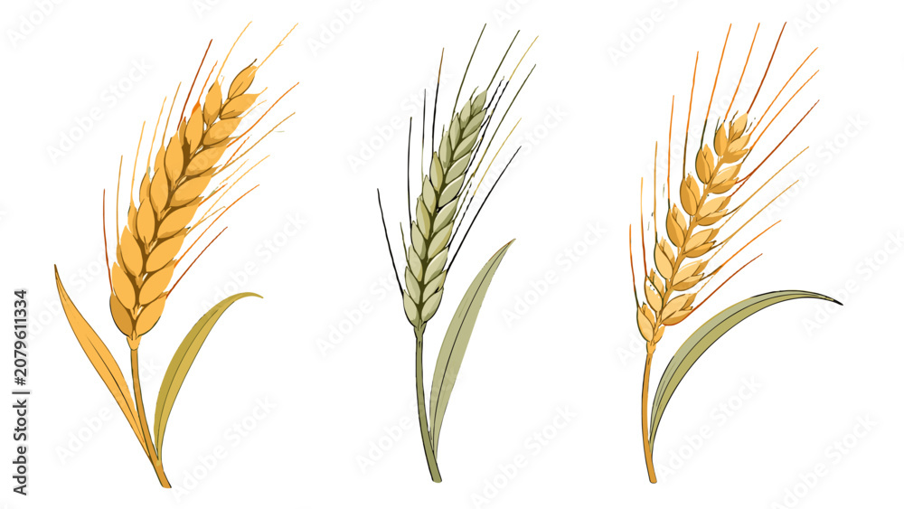 Fototapeta premium Set of wheat rye and barley ears isolated on white