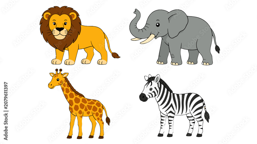 Obraz premium Cartoon wild animal set with lion elephant giraffe and zebra