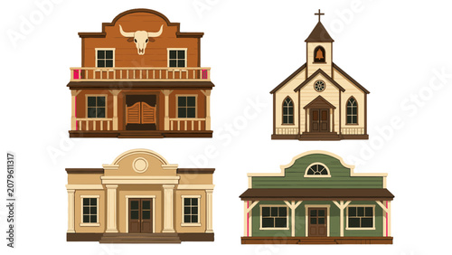 Obraz na plátně Cartoon western town buildings set with saloon, church, bank and shop