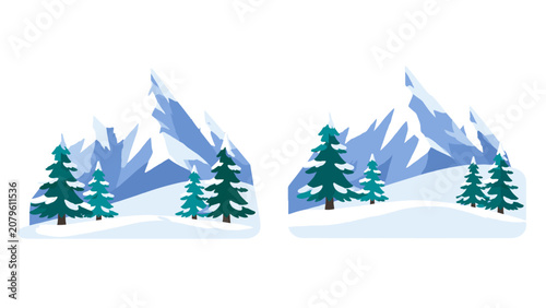 Fotografie Snowy mountain landscape with pine trees in flat vector style