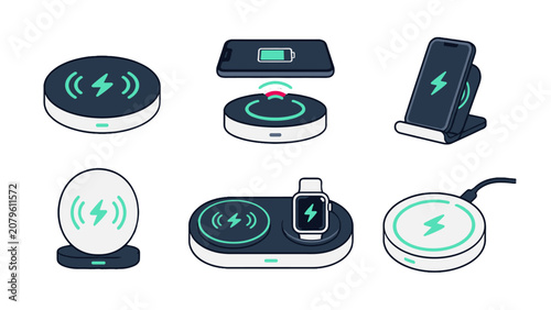 Bild auf Leinwand Wireless charging pad and stand set with smartphone icons