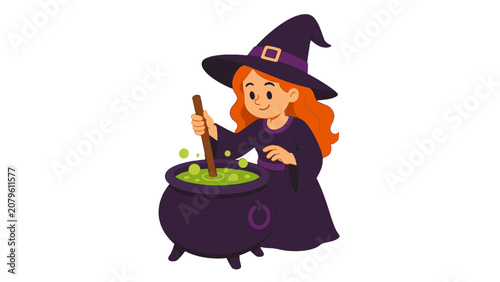 Canvastavla Cartoon witch stirring green potion in a cauldron