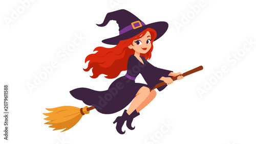 Foto Cartoon witch flying on a broomstick in vector style
