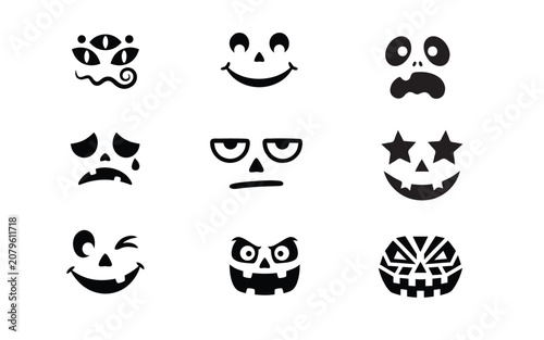 Collection of scary and funny pumpkin face expressions for halloween carving designs