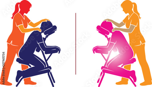 Photography Professional chair massage service with therapists providing treatment to client