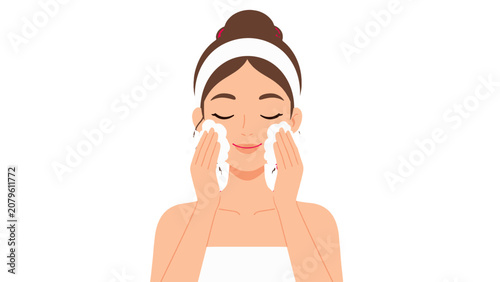 Fotografía Woman washing face with facial cleanser in flat vector style