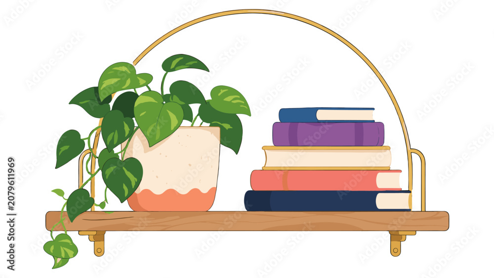 Fototapeta premium Wooden wall shelf with potted plant and stacked books