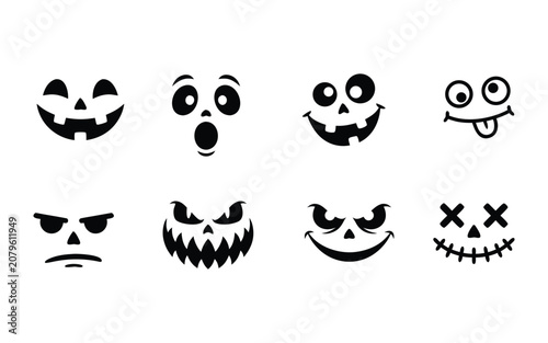 Collection of scary and funny pumpkin face expressions for Halloween carving designs