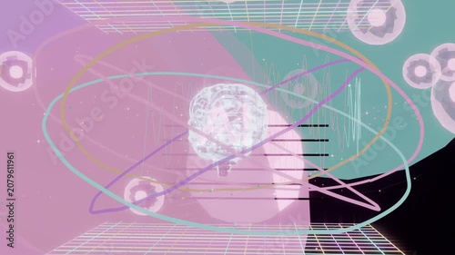 Animating holographic brain glowing and spinning with orbiting rings on grid, forming interface