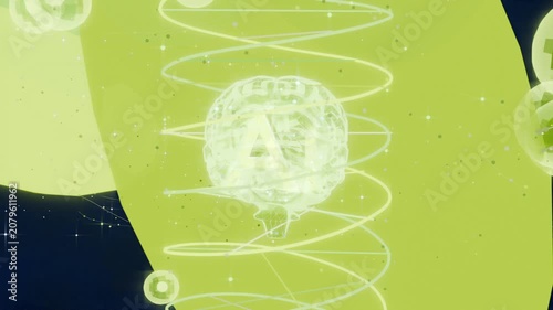 Forming clear brain turning inside lit coil at concept field showing neural links orbs panels nodes