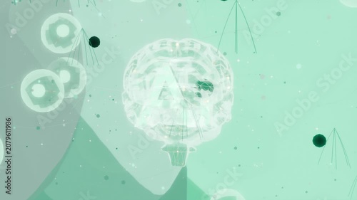 Starting glowing brain spinning, pulsing in mint scene, orbs circling, dots drifting showing folds