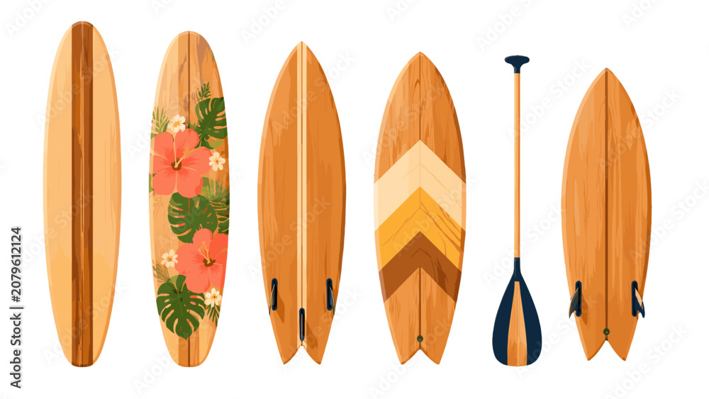 Fototapeta premium Set of wooden surfboards and paddle in different board shapes