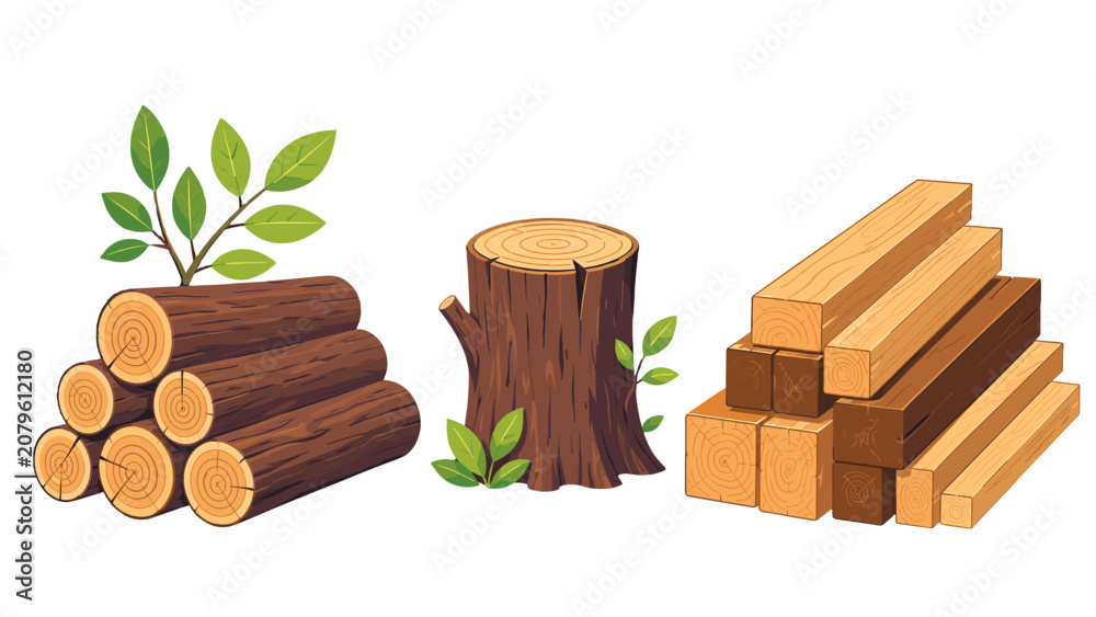 Naklejka premium Wood logs, tree stump, and timber planks vector set