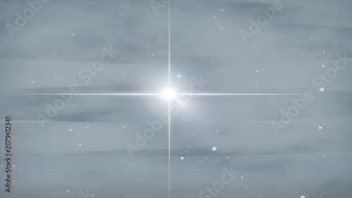 Appearing bright star pulsing, emitting crosshair on cloudy backdrop with specks after black frame