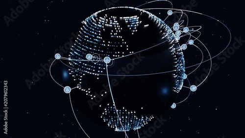 Starting starfield revealing digital globe rotating in void, nodes orbiting via lines linking data