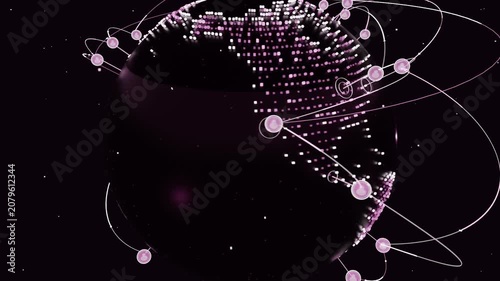 Nodes appearing left attaching and orbiting digital globe against starfield, forming global network