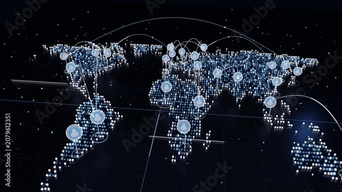 Startup animating pixel globe, spawning pulsing user markers showing global network on glossy grid