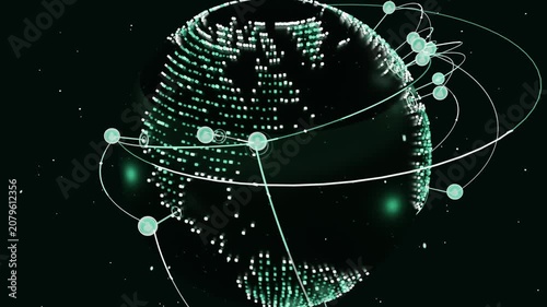 Rotating teal globe showing continents on black as nodes spawning, orbiting and forming network