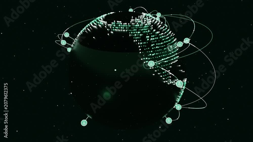 Rotating globe on timeline start, tracing arcs and linking nodes over deep space, pulsing rings