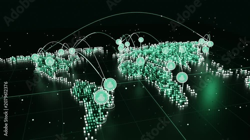 Animating 3D world map, frame-triggered markers rising, arcs linking hubs, showing network traffic