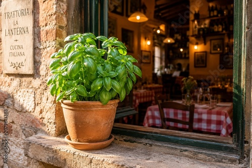 A terracotta pot with a thriving basil plant on a sunlit stone windowsill overlooking a cozy trattoria.