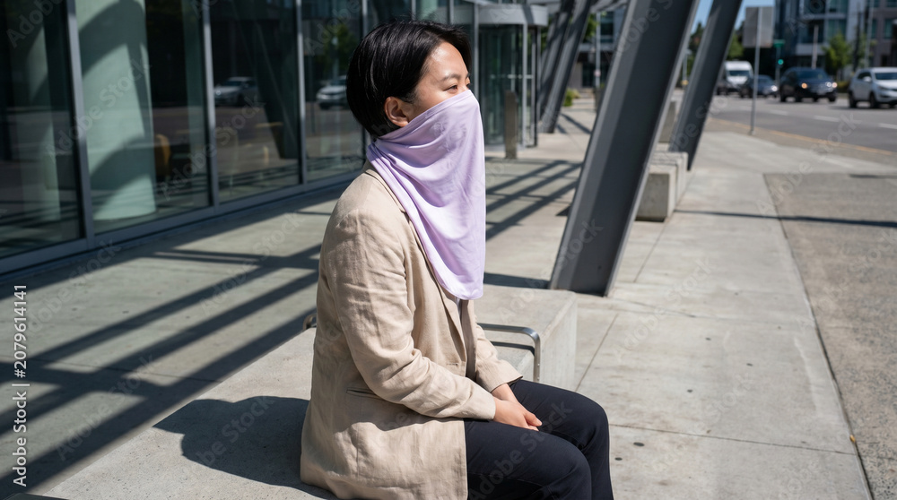 Fototapeta premium Pale Lavender UV Scarf on Urban Transit Bench in Midday Sun