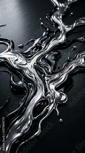 Abstract dark liquid metal flowing texture, silver metallic organic fluid dynamic background, vertical overlay