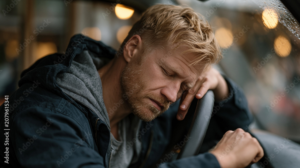 Obraz premium Sami man in his thirties sitting alone in a parked vehicle outside a busy restaurant, forehead resting against the steering wheel, rain on windows softening the crowd noise