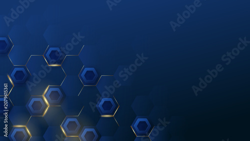 Dark blue hexagon background with gold glowing lines
